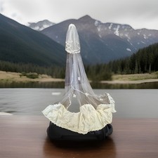 Vintage 105  Long Train Veil Headpiece Tulle, Satin and Floral Embellishments