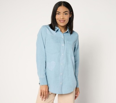 Studio Park Women's Top Sz XS 100% Cotton Stamped Chambray Shirt Blue A676832