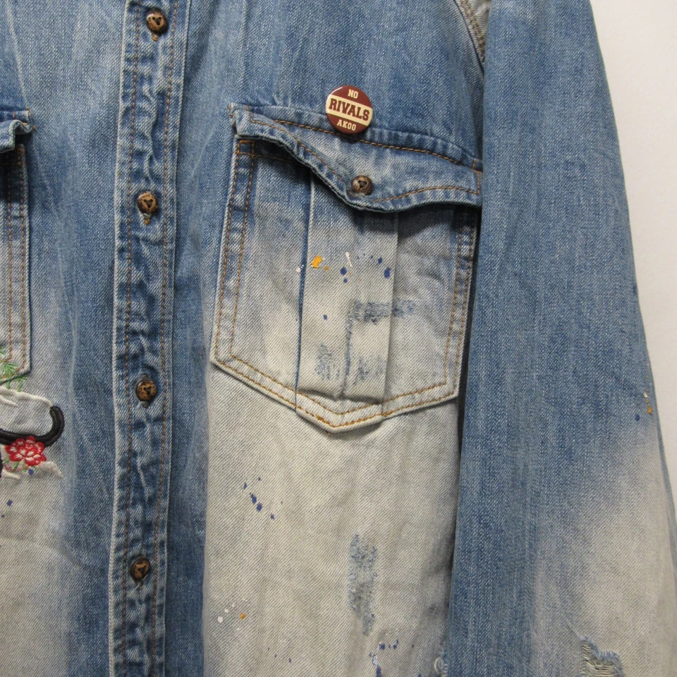 Akoo Black Cats WWII Bomber Distressed Denim Embroidered Collared Shirt sz 3XL - Image 3 of 4