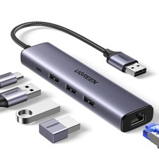 USB Ethernet Adapter 5in1 Hub Gigabit RJ45 3 USB 3.0 Ports Type C Power