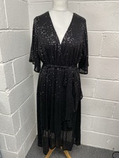 Yours London Black Sequin Belted Short Sleeved V Neck Wrap Dress UK22 PD