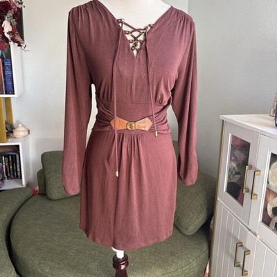 Brown Belted Y2K Style A-Line Dress, Lace-Up V-Neck, Long  Sleeve,XL,Cottagecore | eBay