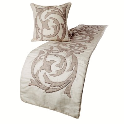 Decorative Queen Bed Runner Ivory & Beige, Lurex Applique Linen - Pretty Dainty