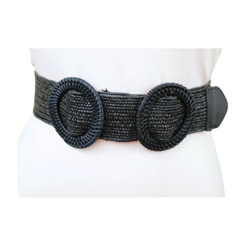 Women Black Braided Elastic Fabric Special Belt Double Round Buckle Fit S M L - Picture 1 of 24
