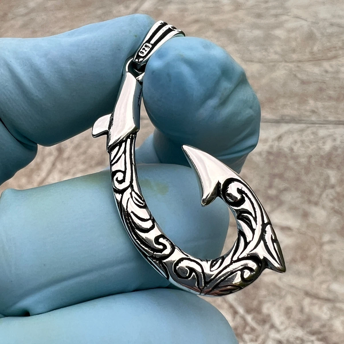 Real Solid 925 Sterling Silver Hawaiian Fishing Fish Hook Scroll