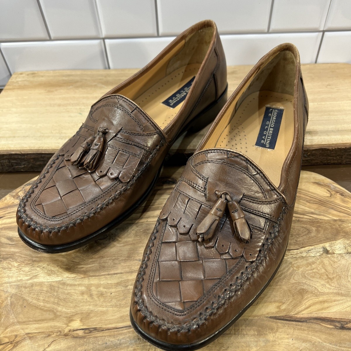 Giorgio Brutini Le Glove Mens Brown Leather Slip Up Loafers Shoes Size 12 Giorgio Brutini Le Glove Loafers Brown Leather Woven Moc Toe  main image 3