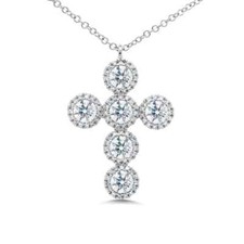 14K White Gold Diamond Cross Pendant Necklace 1.41 CT Round Cut Natural