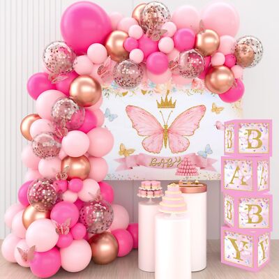 Pink Butterfly Baby Shower Decorations for Girl，Pink Balloon