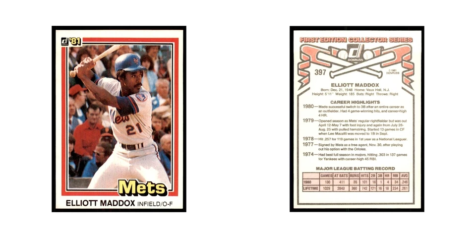 1981 Donruss Elliott Maddox Baseball Cards #397 - Image 3 of 3