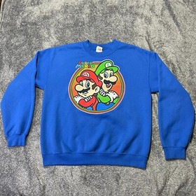 Super Mario Bros Sweatshirt Mens M Blue Nintendo Luigi Mario NES Game Pullover