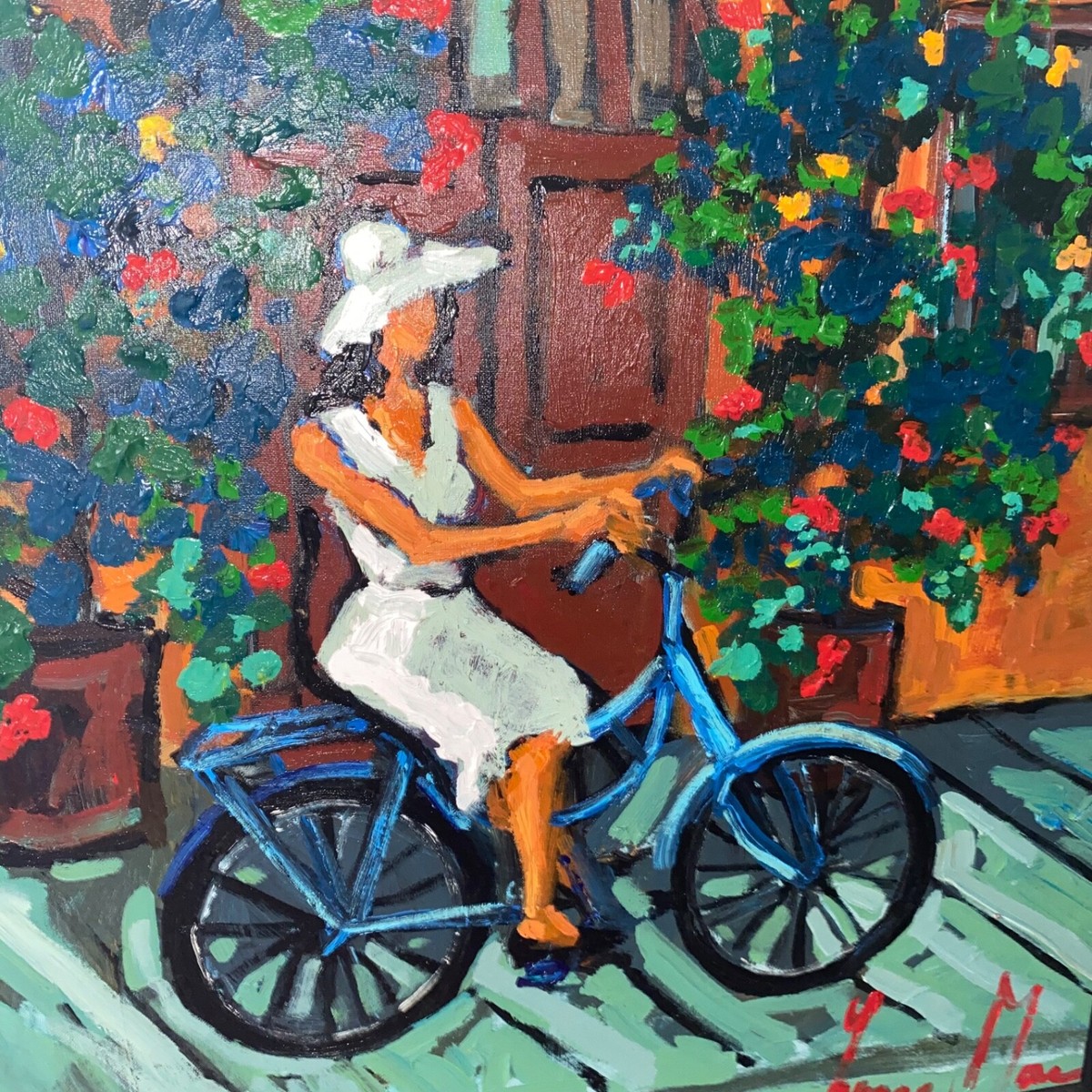 Large Framed Painted Woman Bike Yvonne Mora Acrylic On Canvas