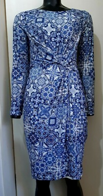 NEW Alba Moda Women's Geometric Print Gathered Front Dress, Blue Multi UK 10R