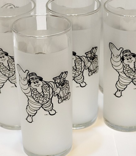 Set Of 7 Michelin Man Libbey Glasses Golfing Hawaii Frosted Satin Glass 6" Tall - Picture 2 of 11