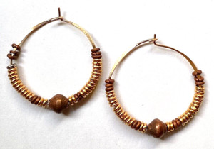 Authentic Hoop Earrings - 1.5" Diameter, Gold Plated Heishi Discs, Focal Bead