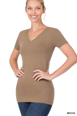(Zenana Outfitters) V-Neck Short Sleeve T Shirt Plain Solid Top Stretchy Cotton