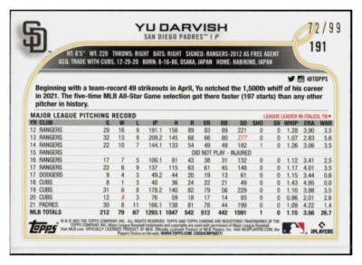 H571 YU DARVISH 2022 TOPPS CHROME BEN BALLER GREEN REFRACTOR /99