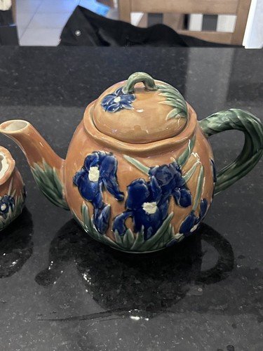 Vintage Hand Painted Ceramic Teapot & Sugar Bowl Set Blue Iris Raised Glaze - Picture 6 of 15