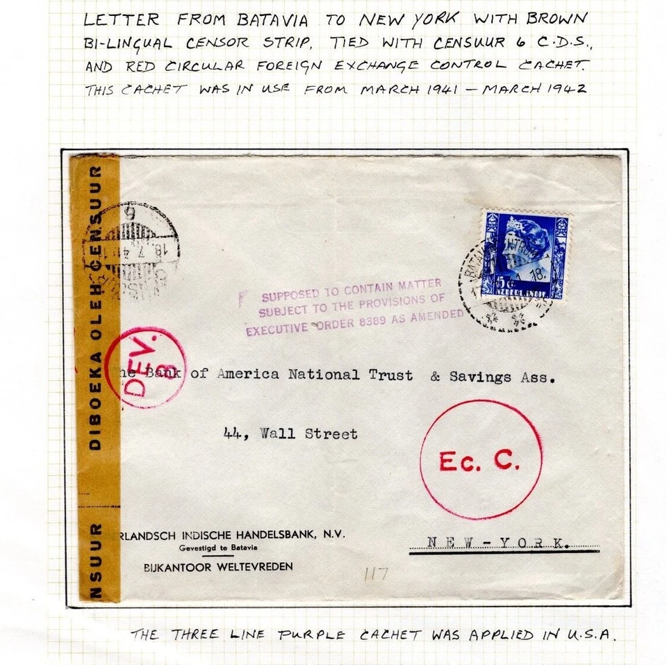 DUTCH EAST INDIES WW2 Ned-Indie Cover 1941 Censor *USA CONTROL* Cachet DL152 - Image 2 of 4