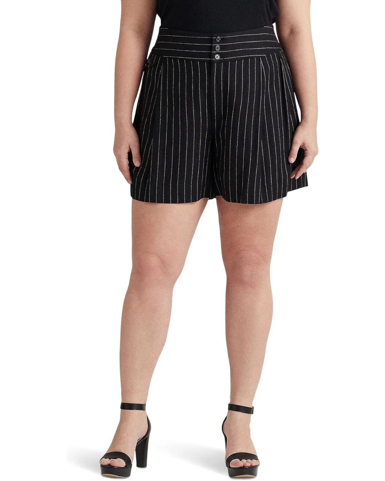 Lauren Ralph Lauren L133504 Womens Black Pinstripe Pleated Linen Shorts Size 18W