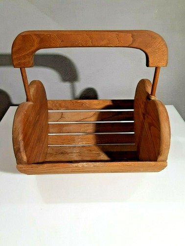 Slatted Decorative Wooden Basket with one handle Heart Shaped Ends Display Decor - Picture 3 of 11