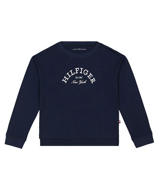 Tommy Hilfiger Girl's T-Shirt Small (7) Dark Blue Long Sleeve Arched Logo NEW