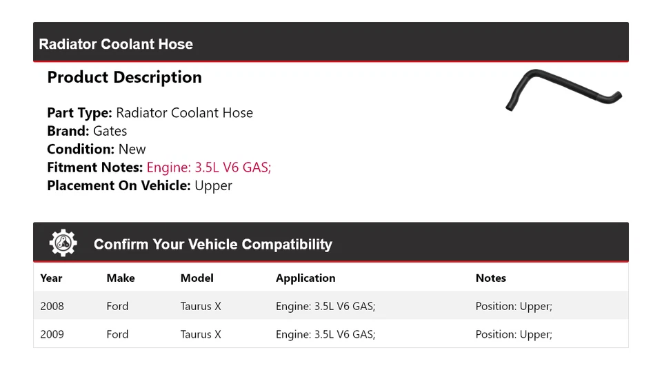 For 2008-2009 Ford Taurus X 3.5L V6 GAS Radiator Coolant Hose Upper Gates - Image 2 of 4