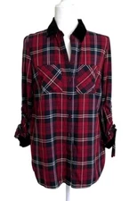 John Mark Top Button-Up Tunic Red Black Plaid Shirt Velvet-Collar Womens Size S