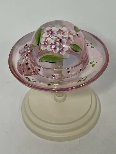 Fenton Pink Glass Floral Hand Painted Hat with Wooden Stand Signed