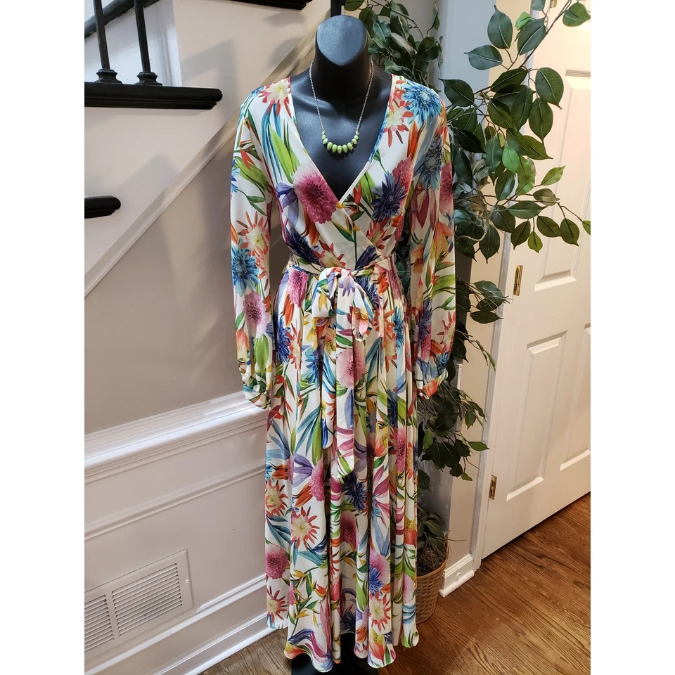 Vestido longo Ark & Co. feminino pequeno multi floral forrado gravata cintura envoltório gola V - Imagem 2 de 4