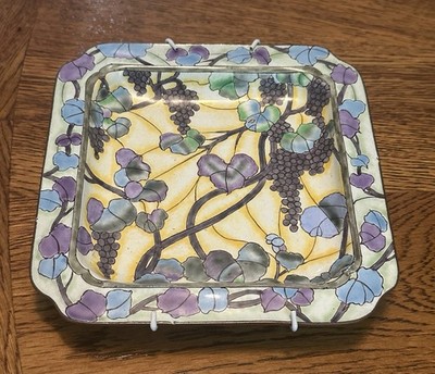 Vintage Cloisonné Purple & Yellow Grapevine Square Plate 6 1/2 