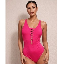 Bleu Rod Beattie One Piece Swimsuit Size 6 Hot Pink Lattice Front  Back Cutout