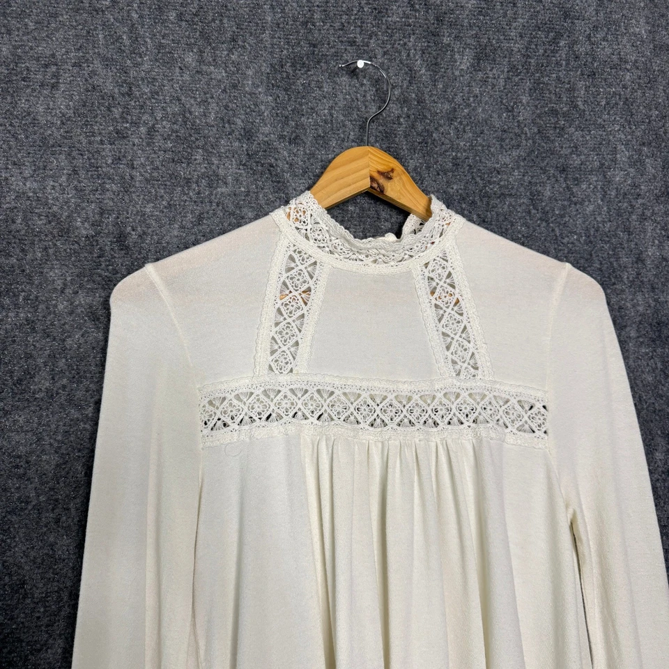 Eri + Ali Shirt Women S Cream Long Sleeve Lace Trim High Neck Boho Cottagecore - Image 3 of 4