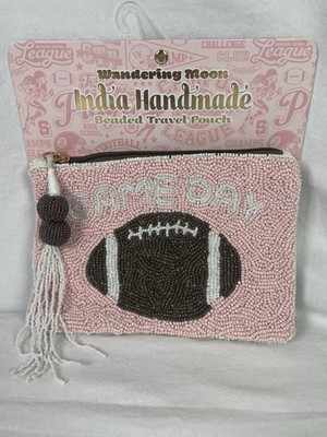 New India Handmade Beaded Football Game Day Pink Viral TikTok Travel Purse Pouch