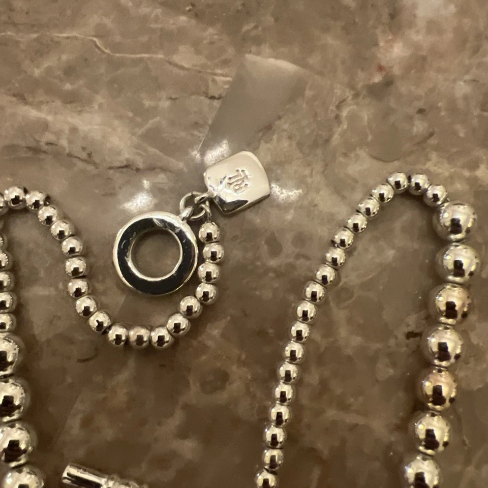 Ralph Lauren Silver Tone Metal Beaded Bracelet 15” Toggle Clasp With Logo Charm - Image 3 of 4
