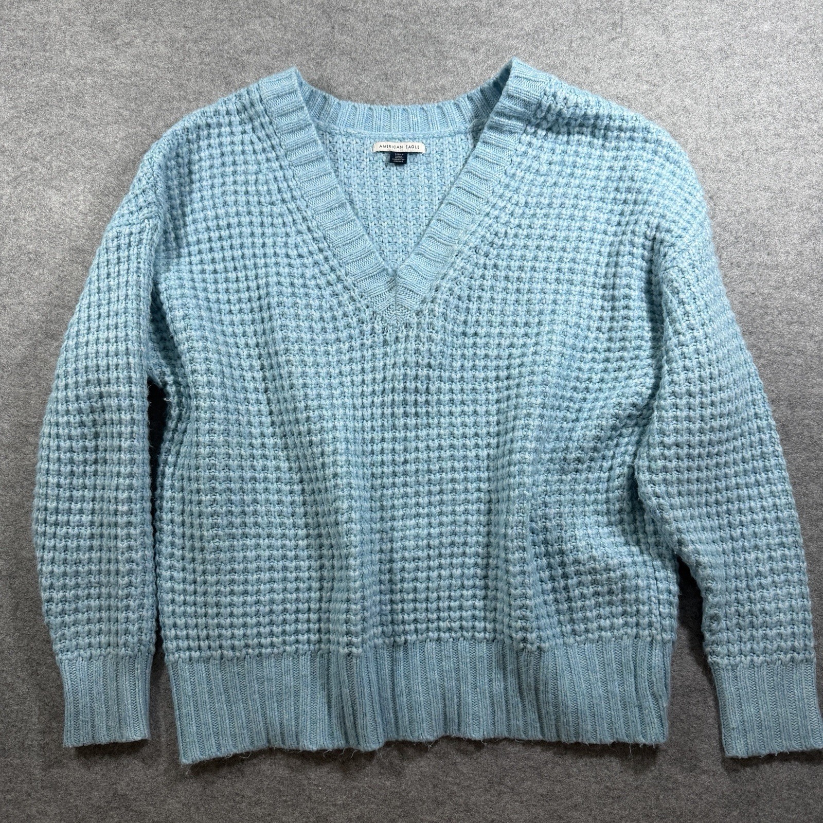 American Eagle Crochet Sweater Womens S Blue V Neck Chunky Knit Drop Shoulder thumbnail 2