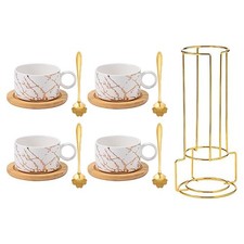 4pc Stackable Ceramic Coffee Mug Set with Rack,180ml Coffee Cup & Saucer + Spoon