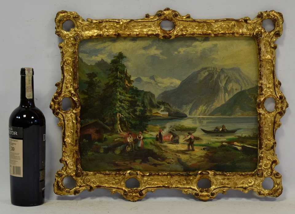 Altes Gemälde, Am See zwischen den Bergen, Landschaft, Öl, signiert, 50 x 41 cm - Bild 2 von 4