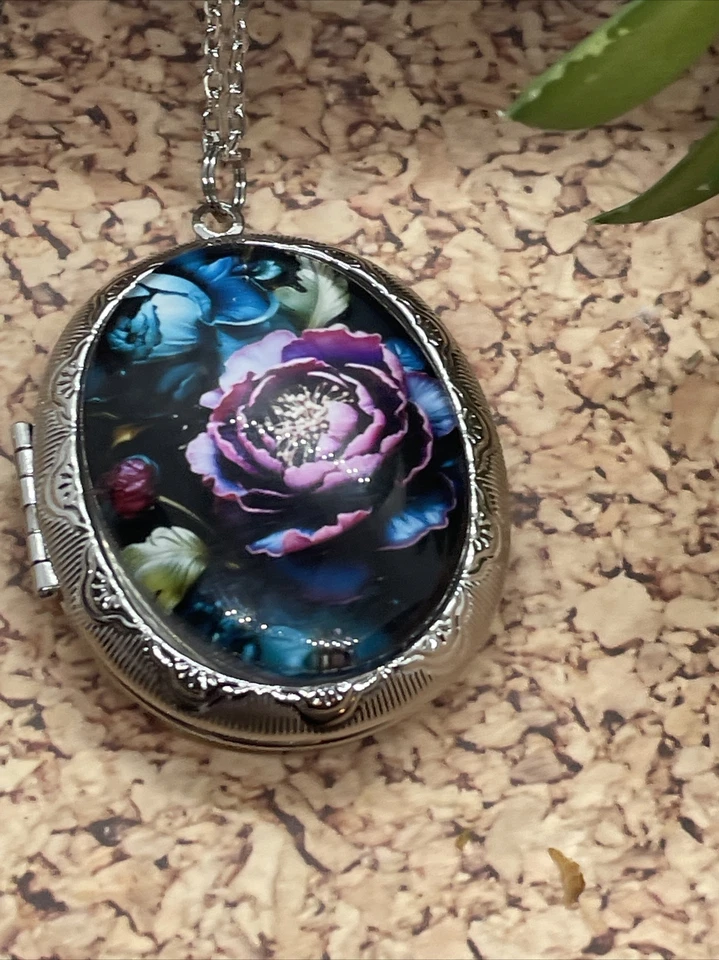 Medallón fotográfico plata recuerdo boda urna de ceniza medallón flor púrpura verde azulado collar Foto 2 de 4