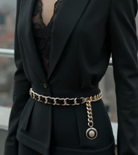 Women Narrow Waistband Gold Metal Chain Belt Lion Coin Charm Buckle Size XL XXL