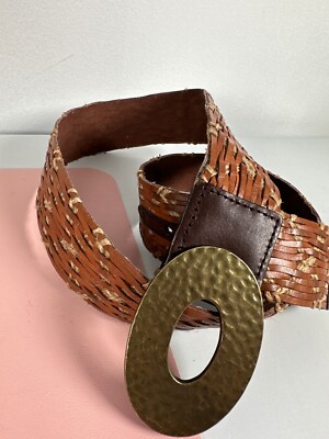 Large Gold Buckled Brown Woven Leather Belt Brown Plaited Bridle Leather Belt with Brass Buckle – Drakes US main image 4