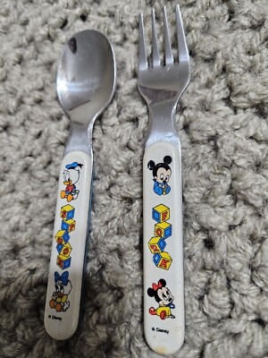 Vintage Child Spoon Fork Silverware Mini Mickey Minnie Donald Daisy Disney 