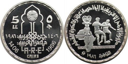 EGYPT , PROOF 5 POUNDS AFRICAN FOOTBALL CHAMPIONSHIP- CAIRO 1986 ( S ) , RARE