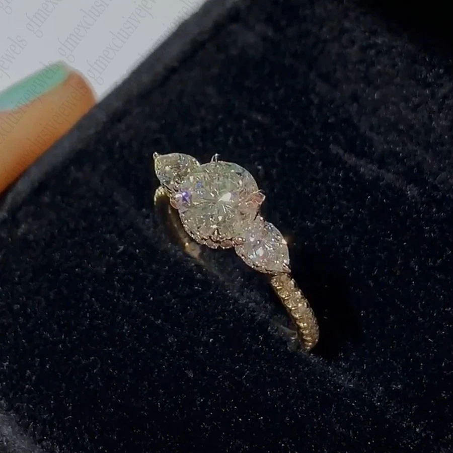 1.65Ctw Round & Pear Moissanite 3-Stones Engagement Ring Solid 14K Two-Tone Gold - Image 3 of 4