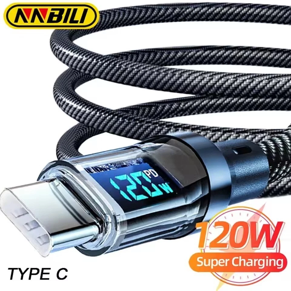 120w Super Fast USB Type-C Charging Cable Braid Phone Charger Lead with Display