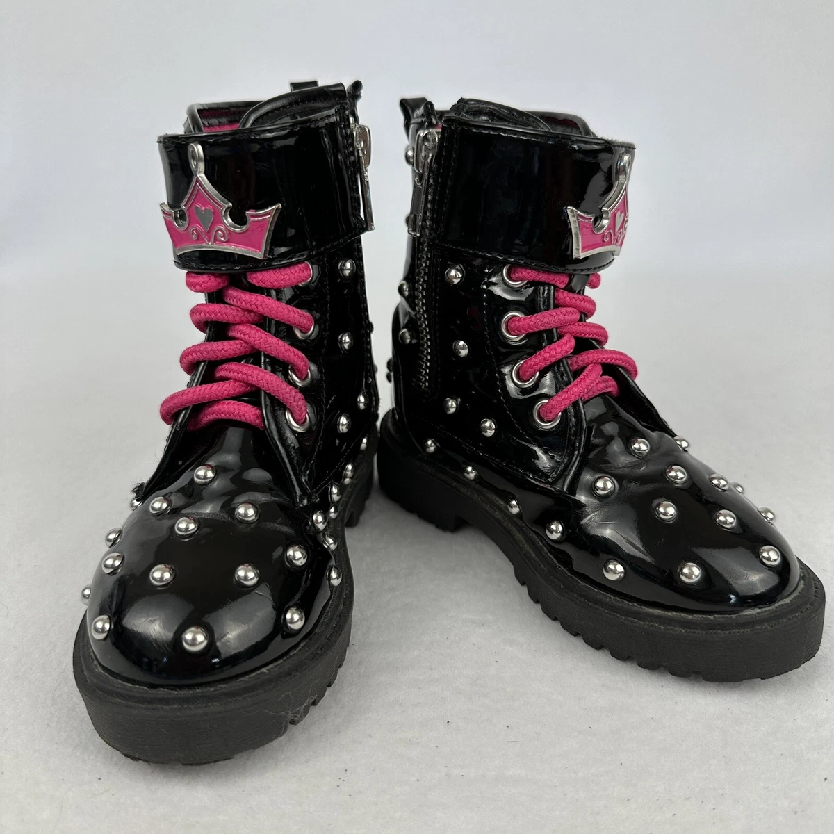 DISNEY CRUELLA DE VIL Black Patent Leather Studed Kids Boots Shoes Pink SZ  7 New