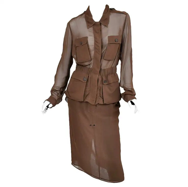 S S 2002 tuta safari in seta vintage Tom Ford per Yves Saint Laurent cognac