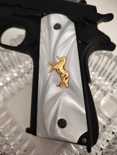 Colt white pearl 1911 grips gold metal horse for Government Commander full size