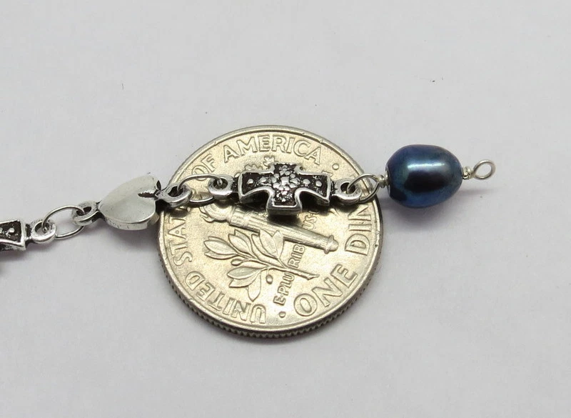 Cadena Rosario Azul Medianoche Perla Cuentas Collar Cruz Cadena 4 Pies Largo Foto 2 de 3