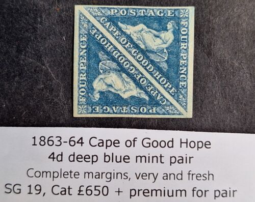 RARE 1863- Cape of Good Hope pair of 4d Deep blue Hope stamps Mint SG19 Cat £650 - Zdjęcie 1 z 3