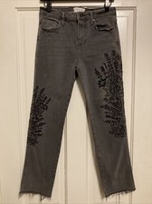 Free People Embroidered Girlfriend Jeans Grey 26 Floral High Rise Straight Leg